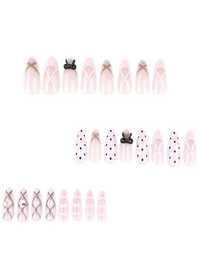 Foccna Press On Nails Almond -French Tip Fake Nails Polka Dots Glossy Goth Short Round Nails, Salon Quality Artificial Nails Finger Manicure for Women 24pcs - Image 2